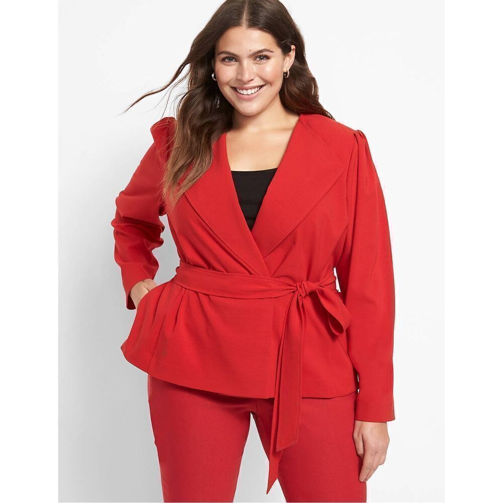 Lane Bryant Size 16 Perfect Drape Belted Puff Sleeve Blazer Red Office Chic NWT